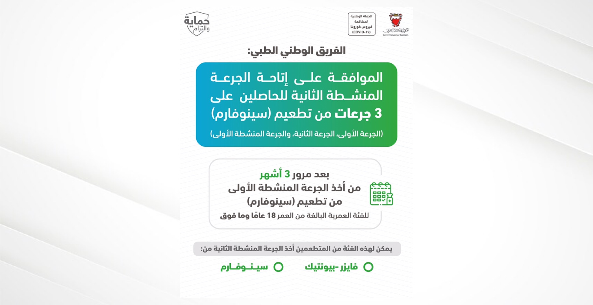 الفريق الوطني الطبي: الموافقة على إتاحة الجرعة المنشطة الثانية للحاصلين على 3 جرعات من تطعيم (سينوفارم)