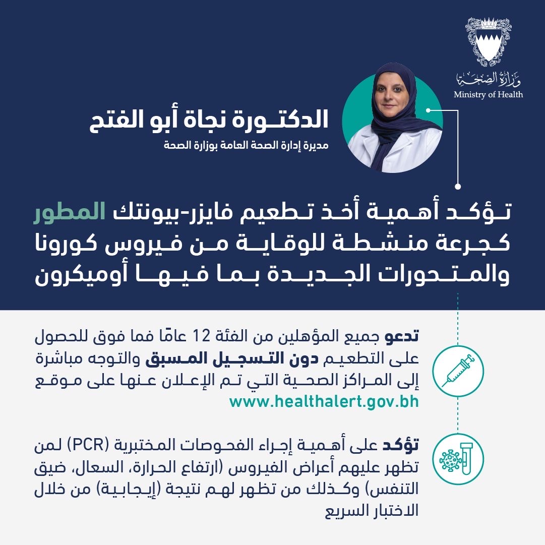 أبو الفتح تؤكد أهمية أخذ تطعيم فايزر-بيونتك المطور كجرعة منشطة للوقاية من فيروس كورونا والمتحورات الجديدة بما فيها أوميكرون